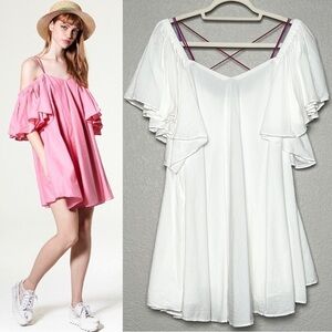 STORETS White Ruffled Cross Back V-Neck Cold Shoulder Puff Swing Mini Dress M